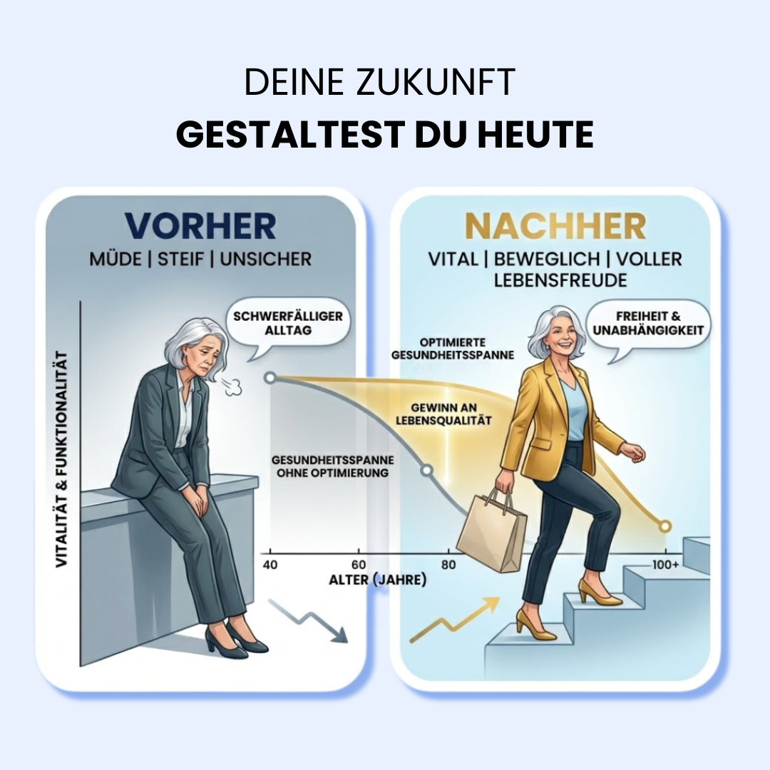 Vorher-Nachher-Vergleich der Lebensqualität: Links eine erschöpfte Frau (müde, steif, unsicher) und rechts dieselbe Frau vital und voller Lebensfreude beim Treppensteigen. Ein Diagramm im Hintergrund illustriert die Steigerung der Gesundheitsspanne durch Kurs-Optimierung.