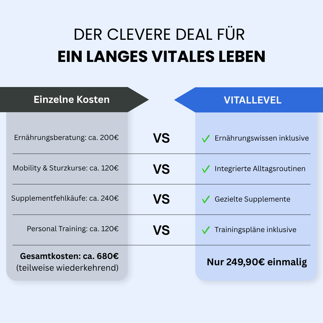 Preisvergleichstabelle zwischen Einzelkosten von ca. 680 Euro (für Ernährungsberatung, Kurse, Fehlkäufe und Training) und dem VitalLevel Kurs für nur 250 Euro einmalig. Die Grafik zeigt, dass alle genannten Leistungen im Kurspaket bereits inkludiert sind.