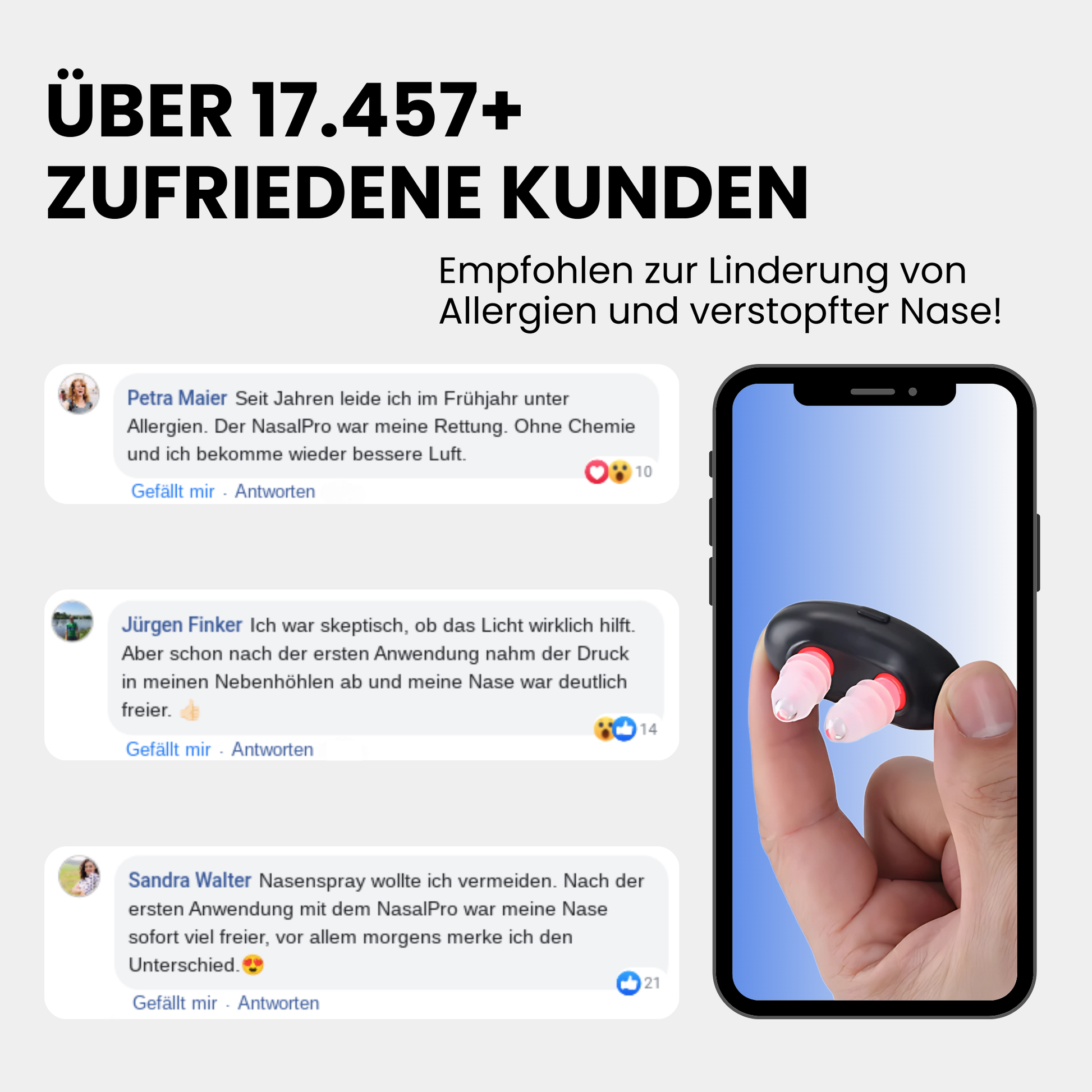 Dieses Bild zeigt den NasalPro auf dem Bildschirm eines Smartphones. Überschrift: über 17.457+ zufriedene Kunden. Unterüberschrift: Empfohlen zur Linderung von Allergien und verstopfter Nase! Links sind Facebook-Kommentare zu sehen. Petra Maier schreibt: Seit Jahren leide ich im Frühjahr unter Allergien. Der NasalPro war meine Rettung. Ohne Chemie und ich bekomme wieder bessere Luft. Es folgen noch zwei weitere positive Kommentare.