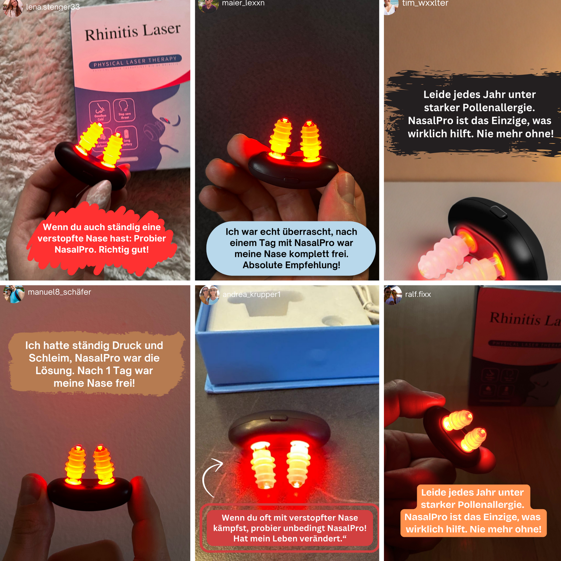 Verschiedene Bilder von Kunden die den NasalPro in Ihrer Instagram Story erwähnt haben und positiv darüber berichtet haben.