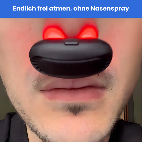 Mann mit NasalPro in der Nase. Überschrift: Endlich frei atmen, ohne Nasenspray