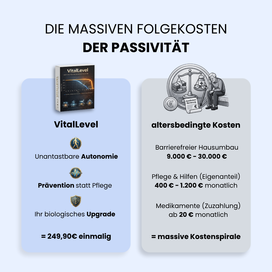 Vergleich der Kosten: VitalLevel (250 Euro einmalig) für Autonomie und Prävention gegenüber massiven altersbedingten Folgekosten wie Hausumbau (bis 30.000 Euro) sowie monatlichen Zuzahlungen für Pflege und Medikamente. Eine Illustration zeigt den Kontrast zwischen Kursvorteilen und einer belastenden Kostenspirale.